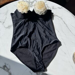 Black swimsuit with Cream Floral Accents